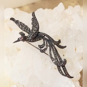 Beautiful Vintage Art Deco Marcasite & Sterling Bird of Paradise Pin Brooch